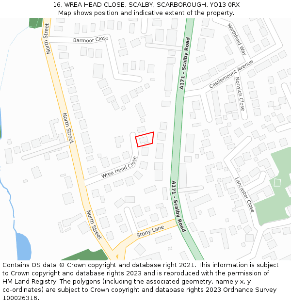 16, WREA HEAD CLOSE, SCALBY, SCARBOROUGH, YO13 0RX: Location map and indicative extent of plot