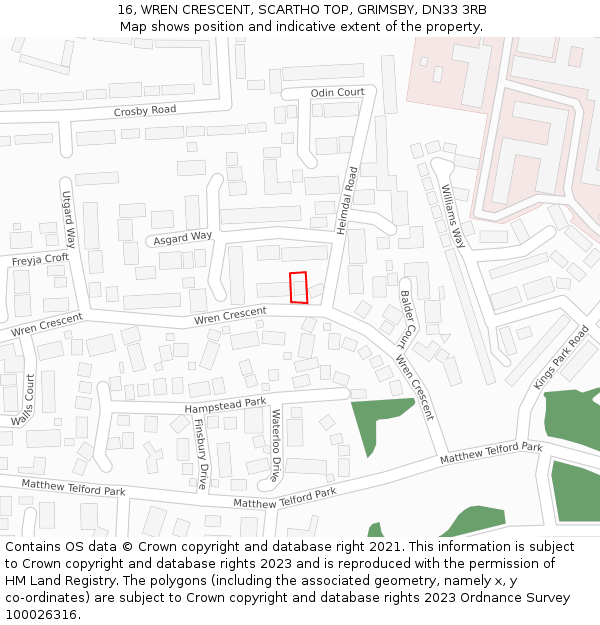 16, WREN CRESCENT, SCARTHO TOP, GRIMSBY, DN33 3RB: Location map and indicative extent of plot