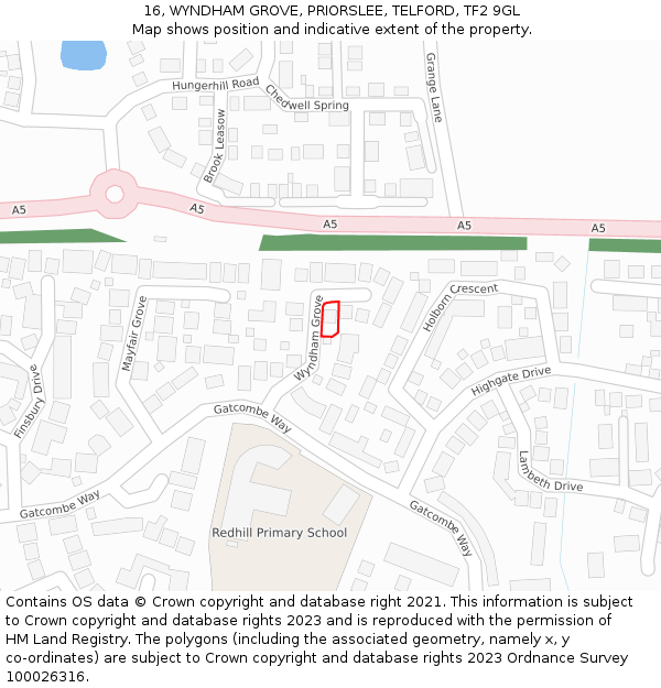 16, WYNDHAM GROVE, PRIORSLEE, TELFORD, TF2 9GL: Location map and indicative extent of plot