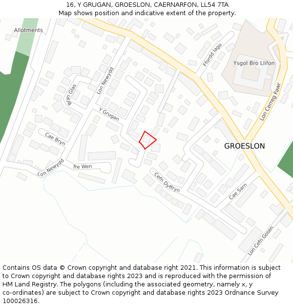 16, Y GRUGAN, GROESLON, CAERNARFON, LL54 7TA: Location map and indicative extent of plot