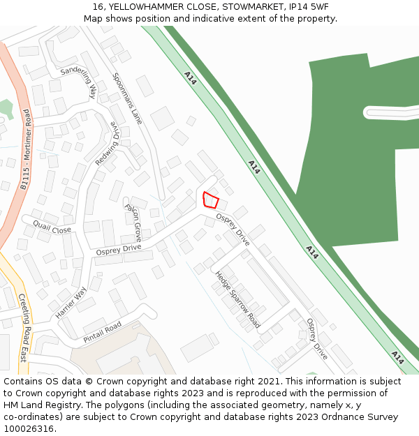 16, YELLOWHAMMER CLOSE, STOWMARKET, IP14 5WF: Location map and indicative extent of plot