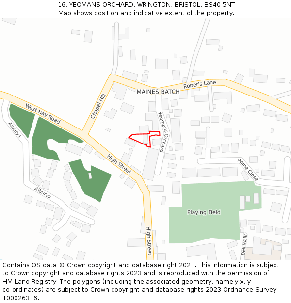 16, YEOMANS ORCHARD, WRINGTON, BRISTOL, BS40 5NT: Location map and indicative extent of plot