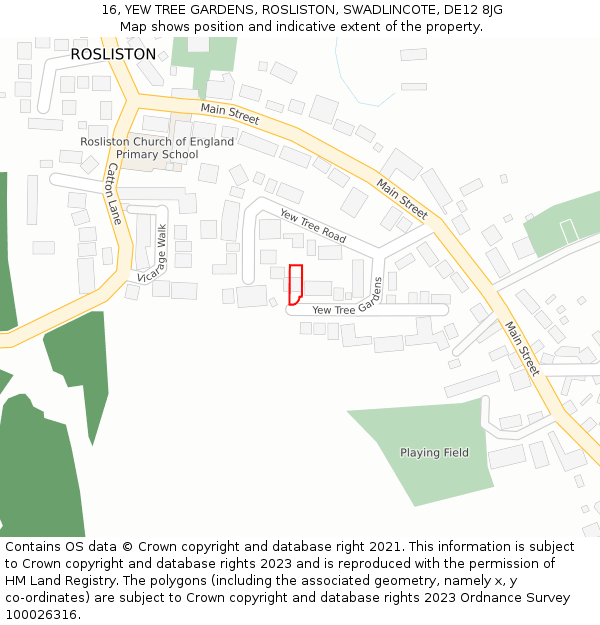 16, YEW TREE GARDENS, ROSLISTON, SWADLINCOTE, DE12 8JG: Location map and indicative extent of plot