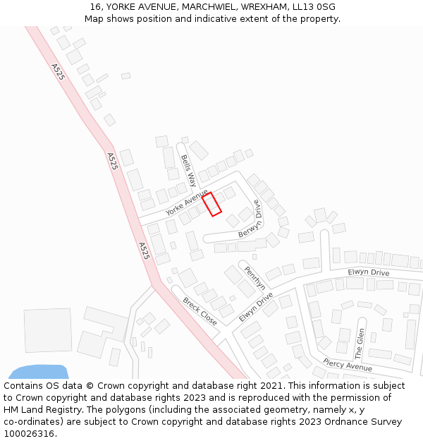 16, YORKE AVENUE, MARCHWIEL, WREXHAM, LL13 0SG: Location map and indicative extent of plot