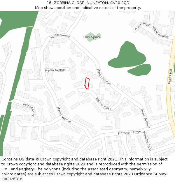 16, ZORRINA CLOSE, NUNEATON, CV10 9QD: Location map and indicative extent of plot