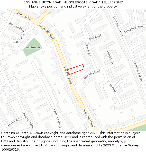 160, ASHBURTON ROAD, HUGGLESCOTE, COALVILLE, LE67 2HD: Location map and indicative extent of plot