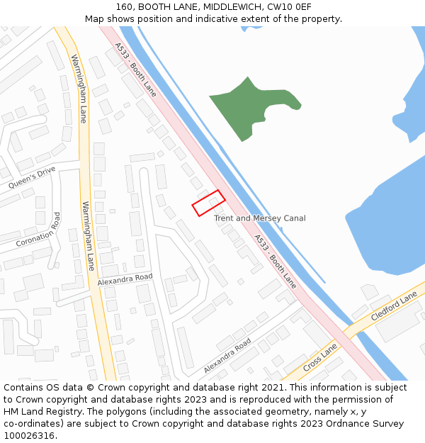 160, BOOTH LANE, MIDDLEWICH, CW10 0EF: Location map and indicative extent of plot