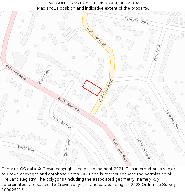 160, GOLF LINKS ROAD, FERNDOWN, BH22 8DA: Location map and indicative extent of plot