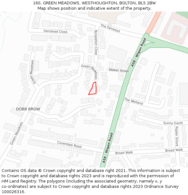 160, GREEN MEADOWS, WESTHOUGHTON, BOLTON, BL5 2BW: Location map and indicative extent of plot