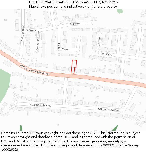 160, HUTHWAITE ROAD, SUTTON-IN-ASHFIELD, NG17 2GX: Location map and indicative extent of plot