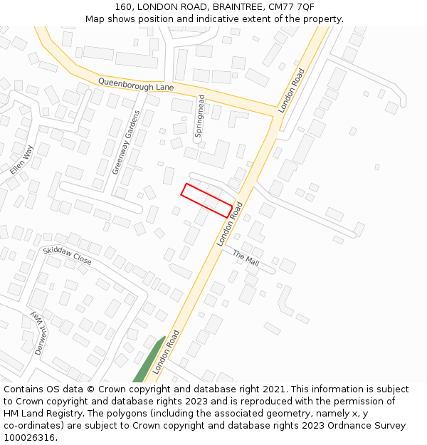 160, LONDON ROAD, BRAINTREE, CM77 7QF: Location map and indicative extent of plot