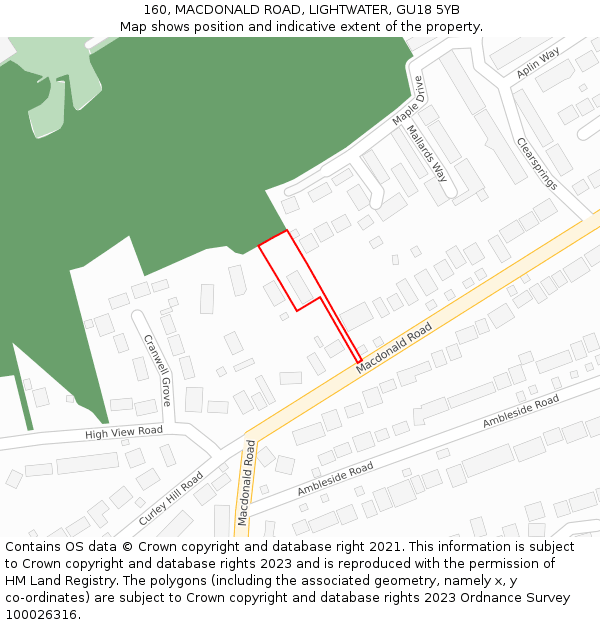 160, MACDONALD ROAD, LIGHTWATER, GU18 5YB: Location map and indicative extent of plot