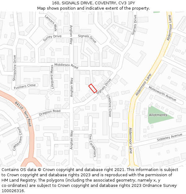 160, SIGNALS DRIVE, COVENTRY, CV3 1PY: Location map and indicative extent of plot