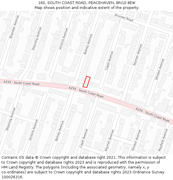 160, SOUTH COAST ROAD, PEACEHAVEN, BN10 8EW: Location map and indicative extent of plot