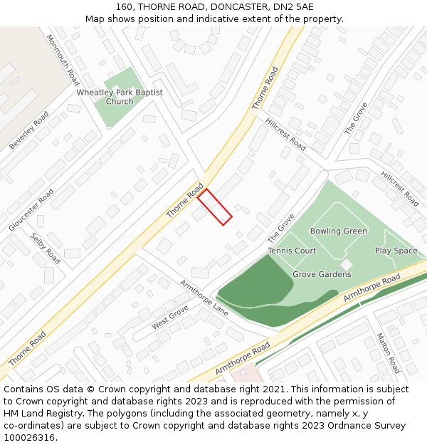 160, THORNE ROAD, DONCASTER, DN2 5AE: Location map and indicative extent of plot