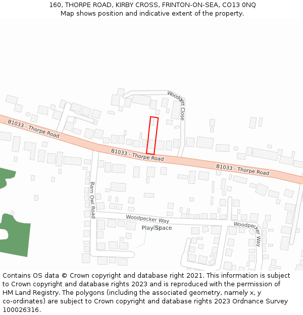 160, THORPE ROAD, KIRBY CROSS, FRINTON-ON-SEA, CO13 0NQ: Location map and indicative extent of plot