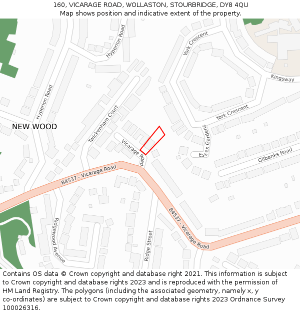 160, VICARAGE ROAD, WOLLASTON, STOURBRIDGE, DY8 4QU: Location map and indicative extent of plot
