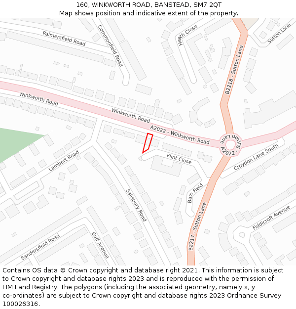 160, WINKWORTH ROAD, BANSTEAD, SM7 2QT: Location map and indicative extent of plot