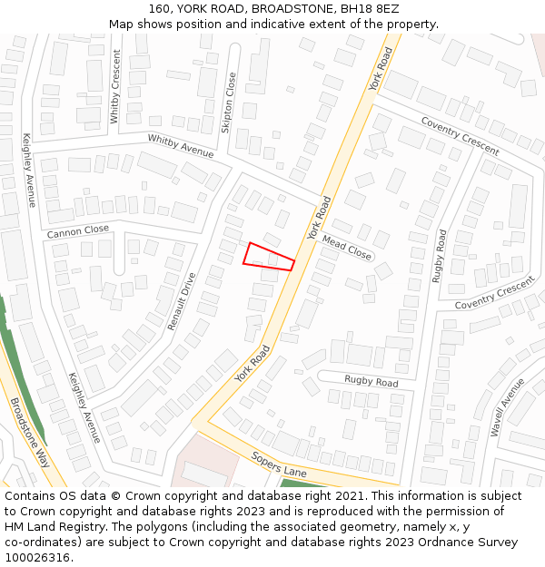 160, YORK ROAD, BROADSTONE, BH18 8EZ: Location map and indicative extent of plot