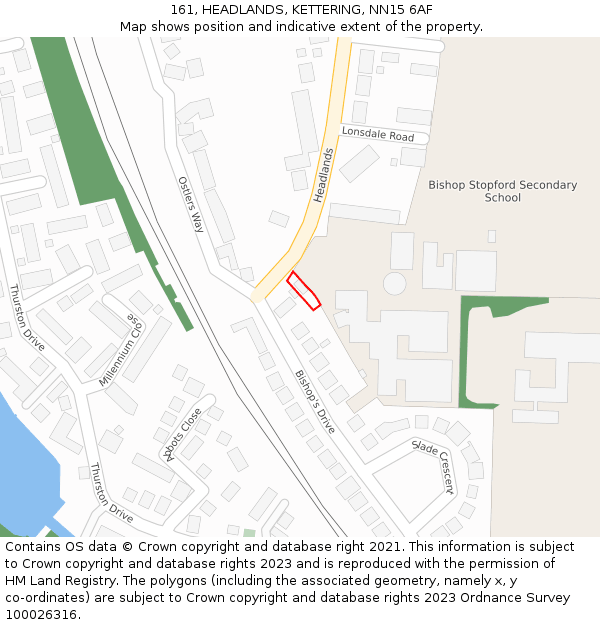 161, HEADLANDS, KETTERING, NN15 6AF: Location map and indicative extent of plot