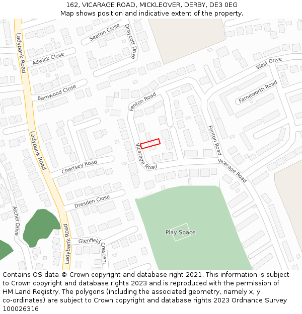 162, VICARAGE ROAD, MICKLEOVER, DERBY, DE3 0EG: Location map and indicative extent of plot