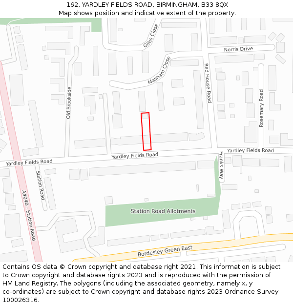 162, YARDLEY FIELDS ROAD, BIRMINGHAM, B33 8QX: Location map and indicative extent of plot