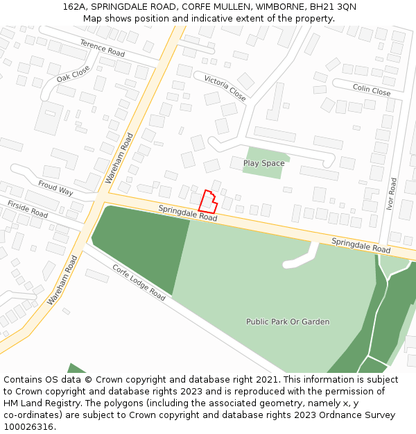 162A, SPRINGDALE ROAD, CORFE MULLEN, WIMBORNE, BH21 3QN: Location map and indicative extent of plot