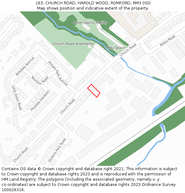 163, CHURCH ROAD, HAROLD WOOD, ROMFORD, RM3 0SD: Location map and indicative extent of plot