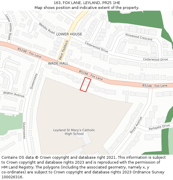 163, FOX LANE, LEYLAND, PR25 1HE: Location map and indicative extent of plot