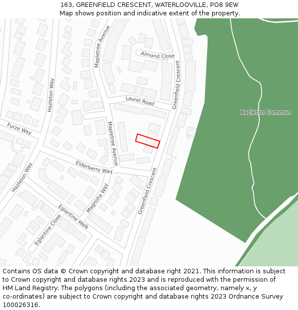 163, GREENFIELD CRESCENT, WATERLOOVILLE, PO8 9EW: Location map and indicative extent of plot