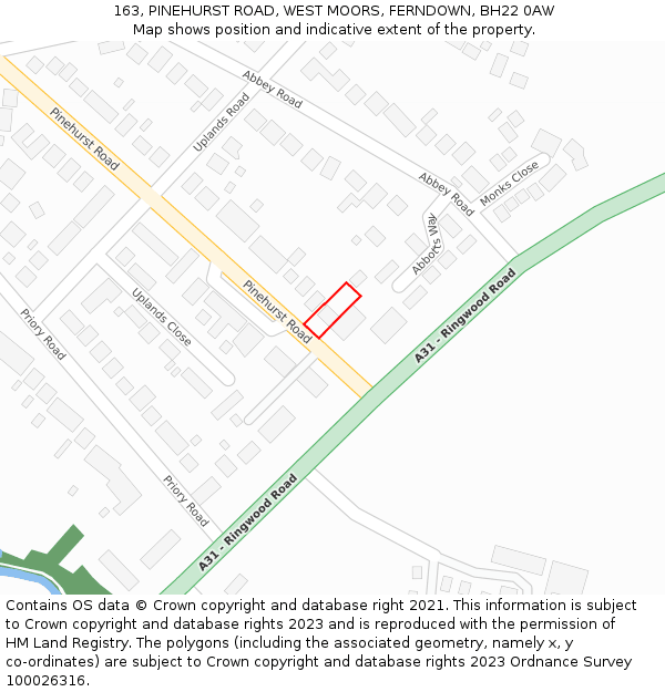 163, PINEHURST ROAD, WEST MOORS, FERNDOWN, BH22 0AW: Location map and indicative extent of plot