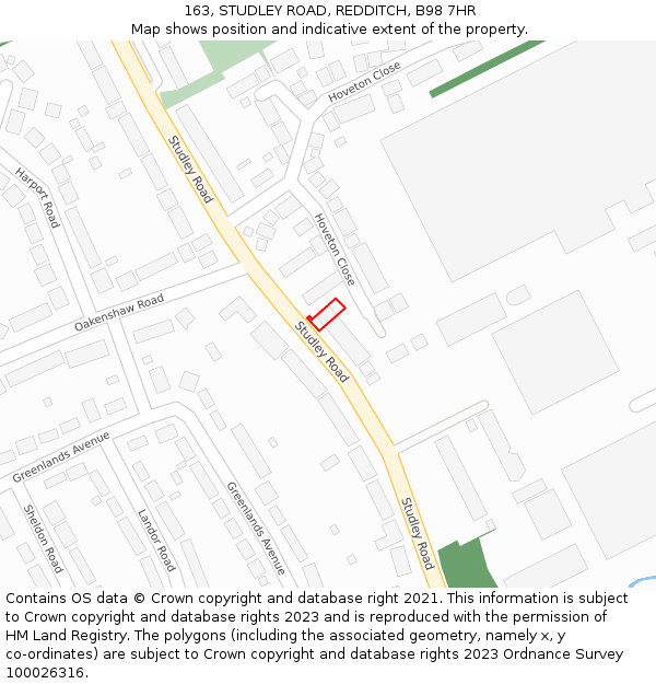 163, STUDLEY ROAD, REDDITCH, B98 7HR: Location map and indicative extent of plot