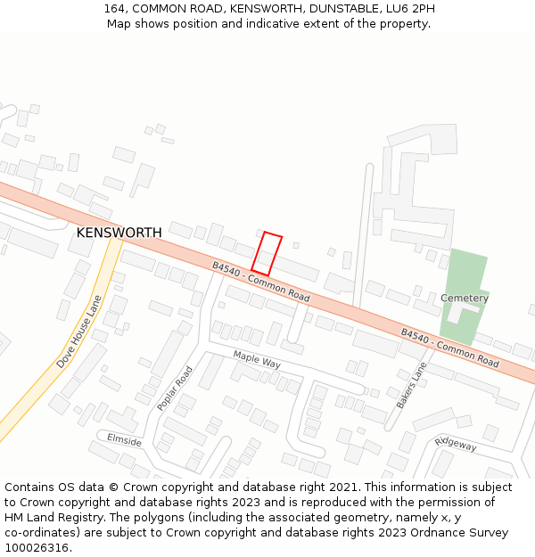 164, COMMON ROAD, KENSWORTH, DUNSTABLE, LU6 2PH: Location map and indicative extent of plot