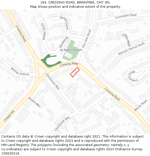 164, CRESSING ROAD, BRAINTREE, CM7 3PL: Location map and indicative extent of plot