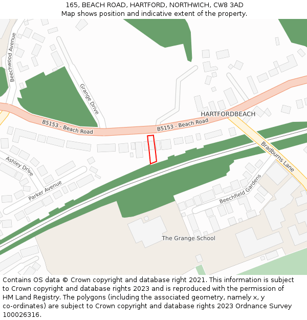 165, BEACH ROAD, HARTFORD, NORTHWICH, CW8 3AD: Location map and indicative extent of plot