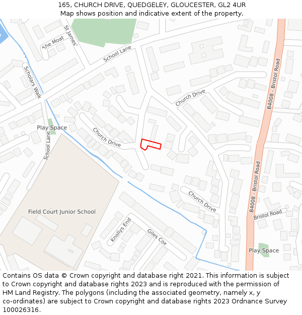 165, CHURCH DRIVE, QUEDGELEY, GLOUCESTER, GL2 4UR: Location map and indicative extent of plot