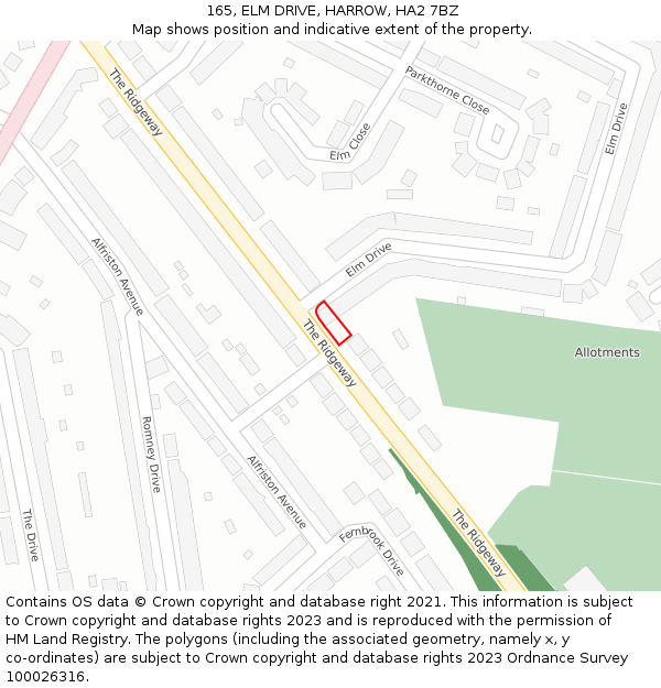 165, ELM DRIVE, HARROW, HA2 7BZ: Location map and indicative extent of plot