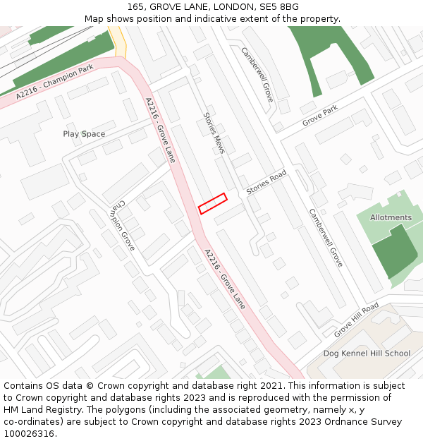 165, GROVE LANE, LONDON, SE5 8BG: Location map and indicative extent of plot