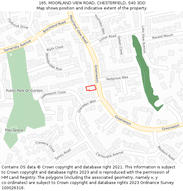 165, MOORLAND VIEW ROAD, CHESTERFIELD, S40 3DD: Location map and indicative extent of plot