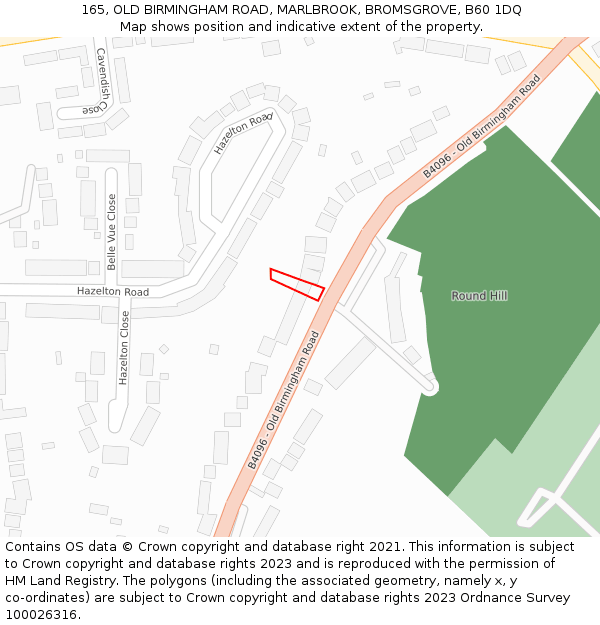 165, OLD BIRMINGHAM ROAD, MARLBROOK, BROMSGROVE, B60 1DQ: Location map and indicative extent of plot