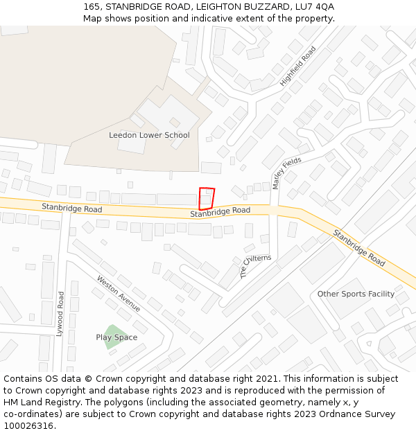165, STANBRIDGE ROAD, LEIGHTON BUZZARD, LU7 4QA: Location map and indicative extent of plot