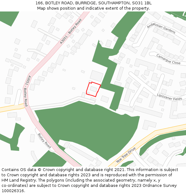166, BOTLEY ROAD, BURRIDGE, SOUTHAMPTON, SO31 1BL: Location map and indicative extent of plot