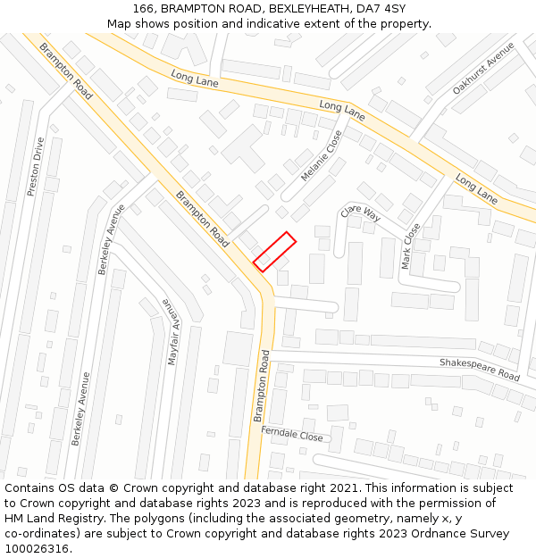 166, BRAMPTON ROAD, BEXLEYHEATH, DA7 4SY: Location map and indicative extent of plot