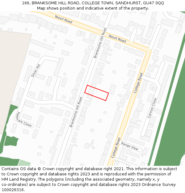 166, BRANKSOME HILL ROAD, COLLEGE TOWN, SANDHURST, GU47 0QQ: Location map and indicative extent of plot