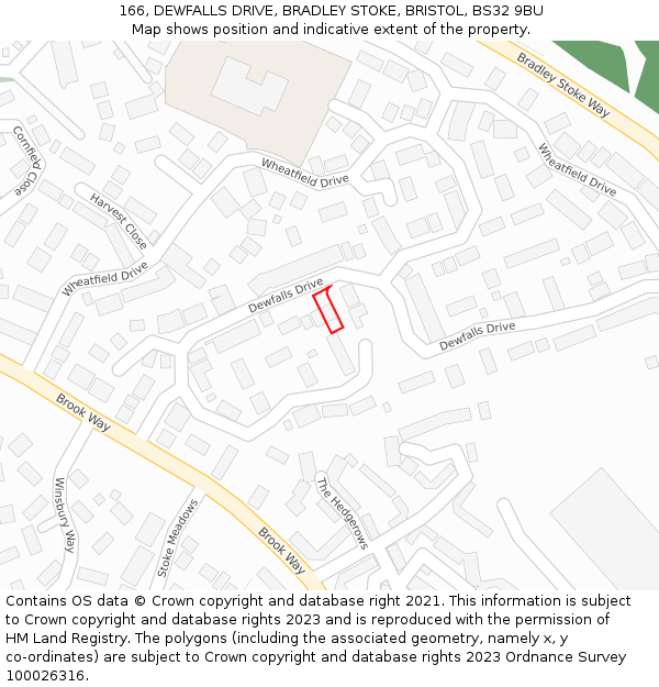 166, DEWFALLS DRIVE, BRADLEY STOKE, BRISTOL, BS32 9BU: Location map and indicative extent of plot