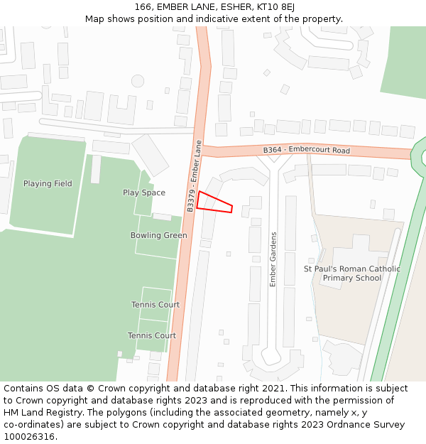 166, EMBER LANE, ESHER, KT10 8EJ: Location map and indicative extent of plot