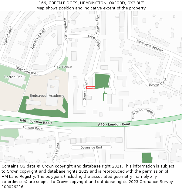 166, GREEN RIDGES, HEADINGTON, OXFORD, OX3 8LZ: Location map and indicative extent of plot