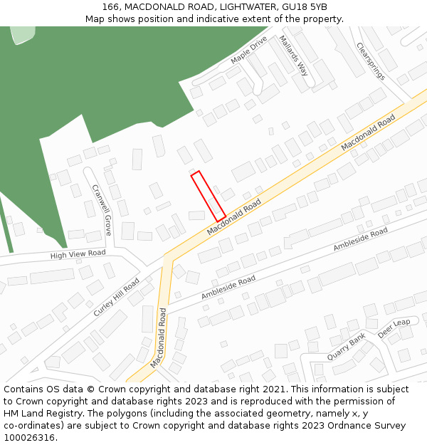 166, MACDONALD ROAD, LIGHTWATER, GU18 5YB: Location map and indicative extent of plot