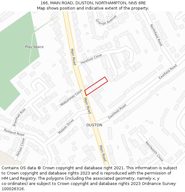 166, MAIN ROAD, DUSTON, NORTHAMPTON, NN5 6RE: Location map and indicative extent of plot