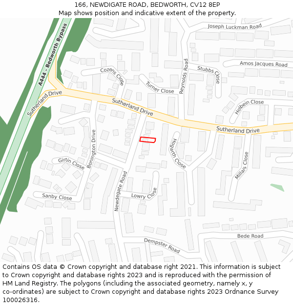 166, NEWDIGATE ROAD, BEDWORTH, CV12 8EP: Location map and indicative extent of plot